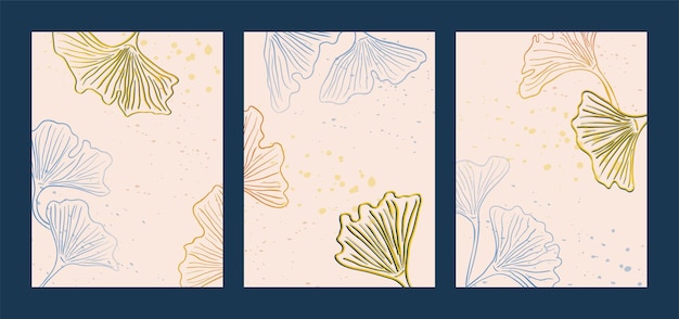 Abstrakte ginkgo-biloba-blätter-vorlagen-set art-deco-hintergrund mit japanischen blättern der vintage-tinte