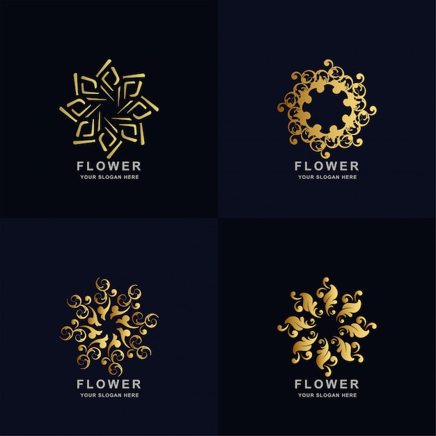 Abstrakte goldene blume oder verzierungslogosatzsammlung. minimalistisches, kreatives, einfaches, digitales, luxuriöses, elegantes und modernes logo-vorlagendesign.