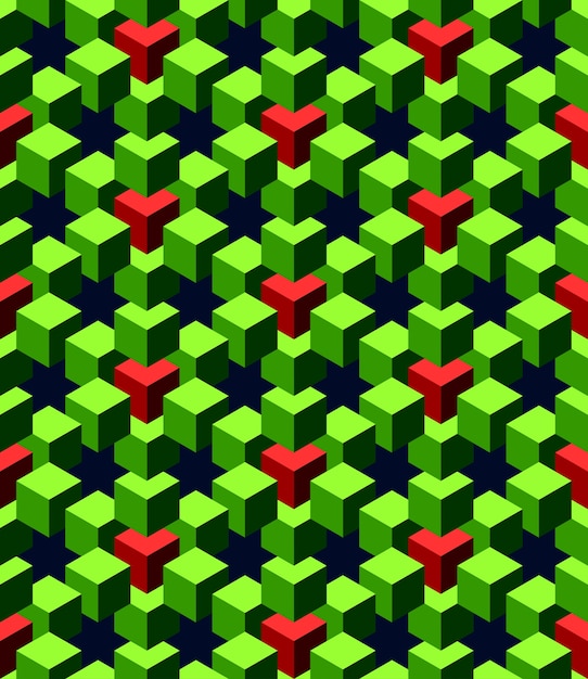 Abstrakte grüne und rote würfel mit tiefblauem hintergrund