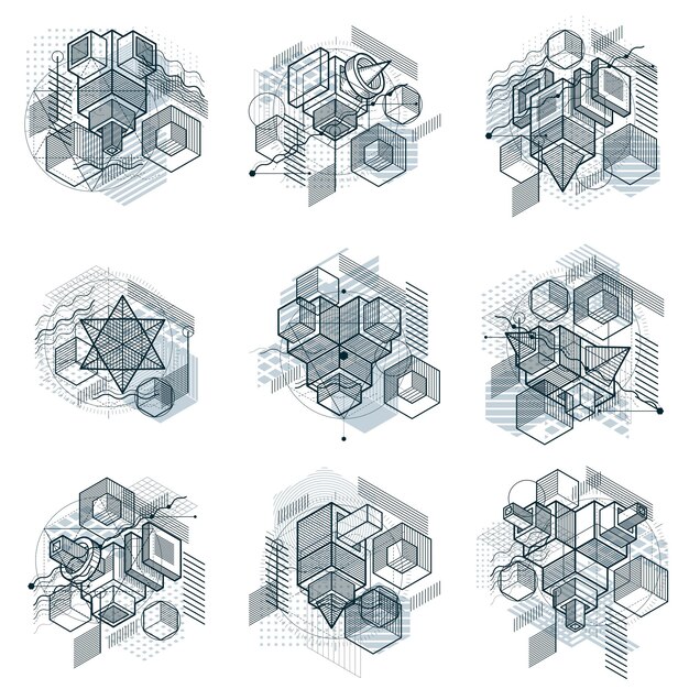 Abstrakte Hintergründe mit isometrischen Elementen, lineare Vektorkunst mit Linien und Formen. Würfel, Sechsecke, Quadrate, Rechtecke und verschiedene abstrakte Elemente. Vektorsatz.