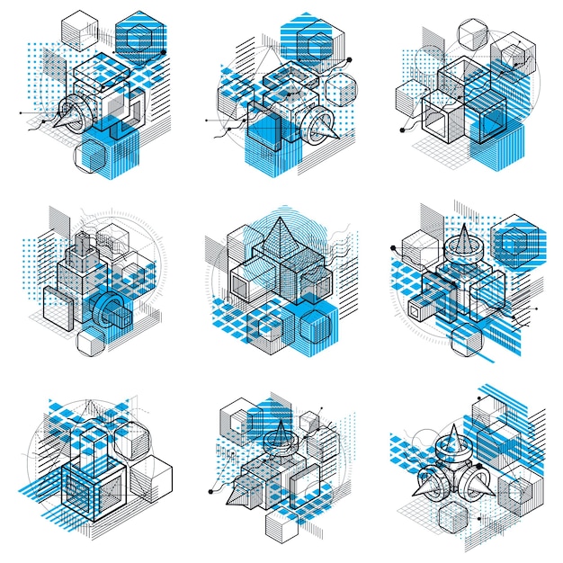 Abstrakte Hintergründe mit isometrischen Elementen, lineare Vektorkunst mit Linien und Formen. Würfel, Sechsecke, Quadrate, Rechtecke und verschiedene abstrakte Elemente. Vektorsatz.