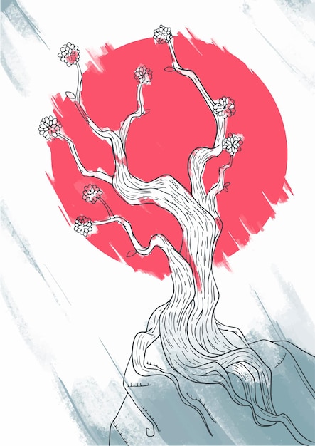 Vektor abstrakte illustration mit stilisiertem kirschblüte-baum auf rauer stilisierter beschaffenheit des roten kreises