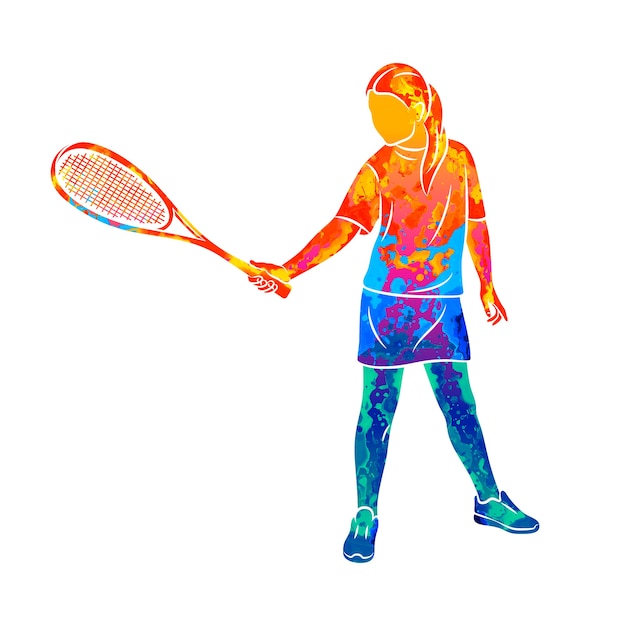 Abstrakte junge frau macht eine übung mit einem schläger auf ihrer rechten hand im kürbis vom spritzen von aquarellen. squash-spieltraining. illustration von farben