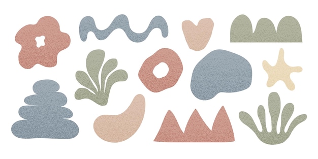 Abstrakte Kunst, natürliche geometrische Formen, organische Elemente mit korniger Geräuschtextur, moderne Doodle-Ikonen