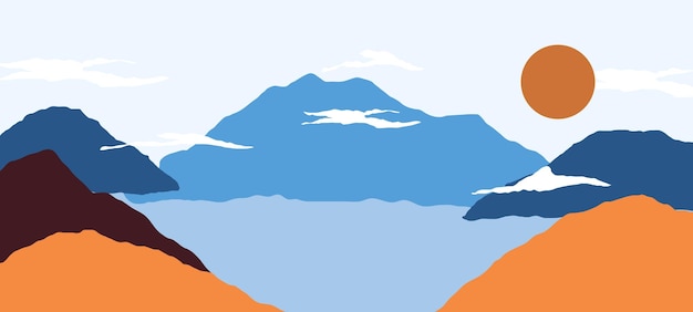 Abstrakte Landschaftsillustrationen. Berge, Sonne, Mond, Sonnenuntergang, Wüste und Hügel minimalistisches Design