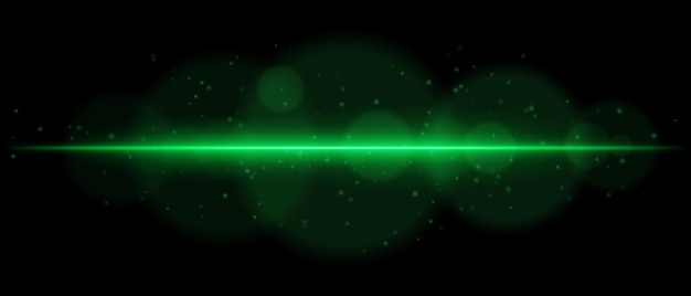 Abstrakte leuchtende grüne Lichtstreifen auf einem dunklen Hintergrund Ein horizontaler Neonstrahl mit strahlenden Flare-Bokeh-Effekten und schwebenden Partikeln erzeugt einen futuristischen und dynamischen Energieschimmer