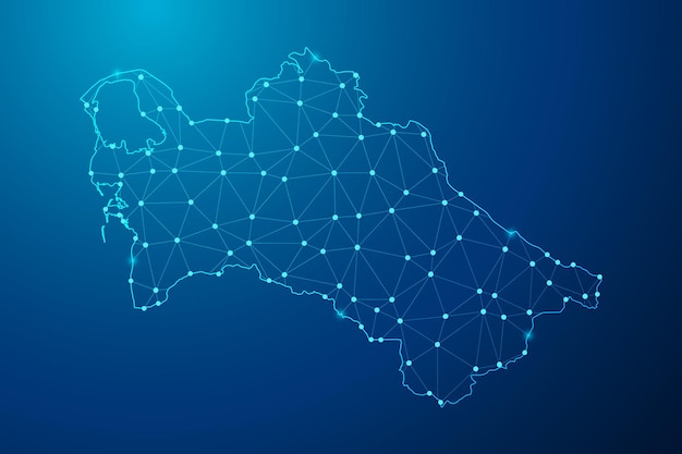 Abstrakte Maischelinie und Punkt mit Karte des polygonalen Netzwerklinienvektors Turkmenistans.