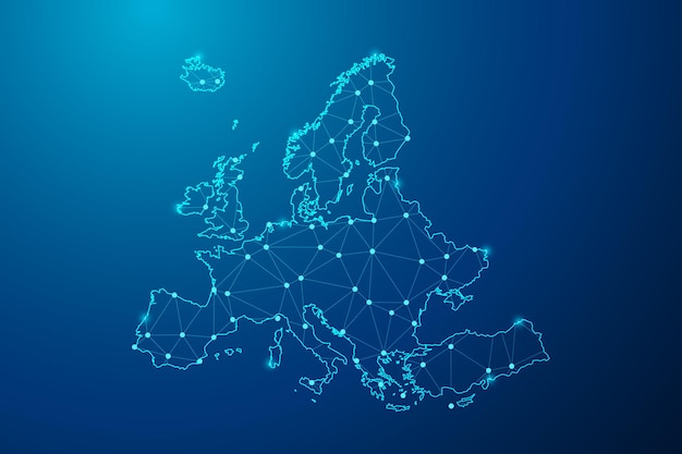 Abstrakte maischelinie und punkt mit karte des polygonalen netzwerklinienvektors von europa.
