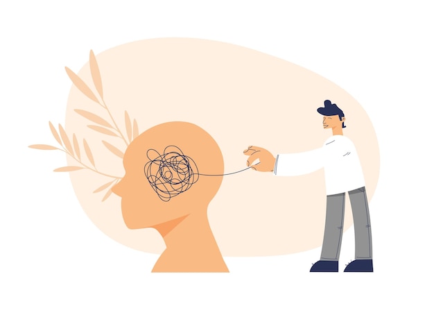 Abstrakte Metapher der Psychotherapie Ein Mann zieht einen Faden, um einen Knoten zu lösen Kopf-Silhouette Vektor
