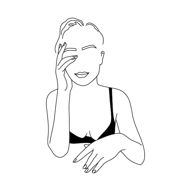 Abstrakte minimalistische weibliche Figur in Unterwäsche. Vektormodeillustration des weiblichen Körpers in einem trendigen linearen Stil. Elegante Kunst. Für Poster, Tattoos, Logos von Unterwäschegeschäften