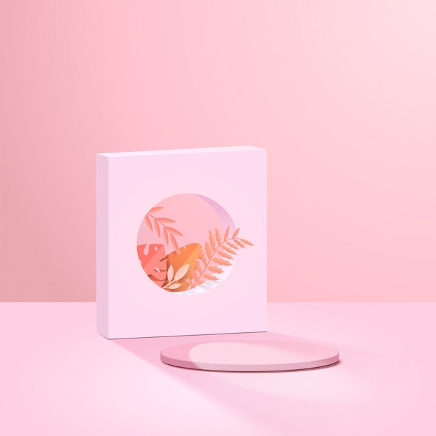 Abstrakte Minimalszene mit geometrischen Formen. Zylinder Podium Anzeige oder Schaufenster Modell für Produkt in rosa Hintergrund mit Papierblättern.