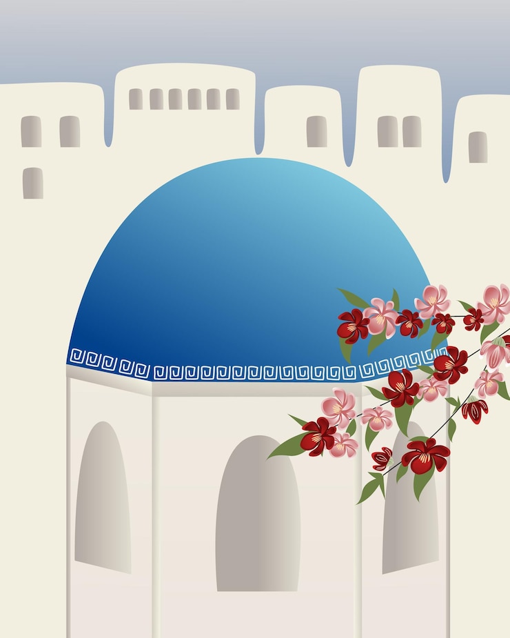 Vektor abstrakte orte dörfer kleine straßen altstädte in santorini griechenland in blauen farben blue dome kirchen von oia travel vektorgrafiken und design