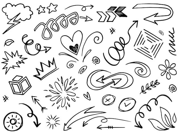 Vektor abstrakte pfeile, bänder, herzen, sterne, kronen und andere elemente in einem handgezeichneten stil für konzeptdesigns scribble-illustration vektorillustration