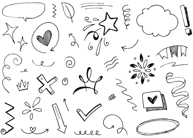 Abstrakte Pfeile, Bänder, Kronen, Herzen, Explosionen und andere Elemente im handgezeichneten Stil für das Konzeptdesign. Doodle-Illustration. Vektorvorlage für die Dekoration