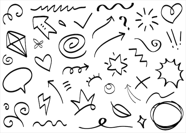 Abstrakte Pfeile, Bänder, Kronen, Herzen, Explosionen und andere Elemente im handgezeichneten Stil für das Konzeptdesign. Doodle-Illustration. Vektorvorlage für die Dekoration