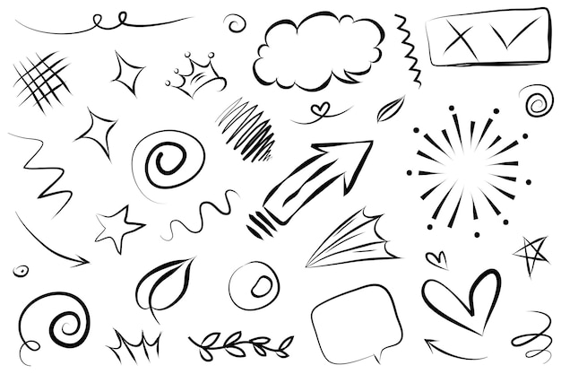 Abstrakte Pfeile, Bänder, Kronen, Herzen, Explosionen und andere Elemente im handgezeichneten Stil für das Konzeptdesign. Doodle-Illustration. Vektorvorlage für die Dekoration