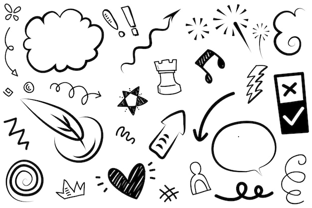 Abstrakte Pfeile, Bänder, Kronen, Herzen, Explosionen und andere Elemente im handgezeichneten Stil für das Konzeptdesign. Doodle-Illustration. Vektorvorlage für die Dekoration