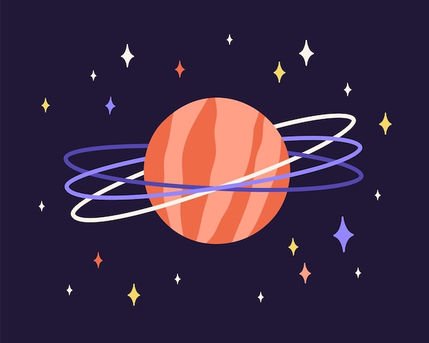 Abstrakte planetenkugel mit ringen und roter oberfläche im weltraum. außerirdische welt mit kosmischer sphäre und sternen im kosmos. flache vektorillustration des astronomischen himmelsobjekts im schwarzen nachthimmel.