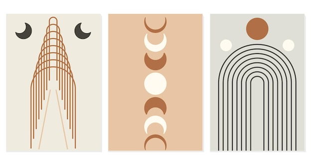 Abstrakte regenbogen- und sonnen- und mondphasen. moderner boho-stil. geometrischer linearer minimalistischer hintergrund. organische form im gleichgewicht. vektor-illustration.