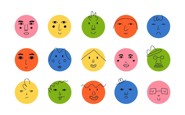 Abstrakte runde gesichter lustige zeichentrickfiguren mit unterschiedlichen emotionen im doodle-stil glücklich trendige avatare lächeln menschen porträt zeitgenössische geometrische illustration handgezeichneter vektor isolierter satz