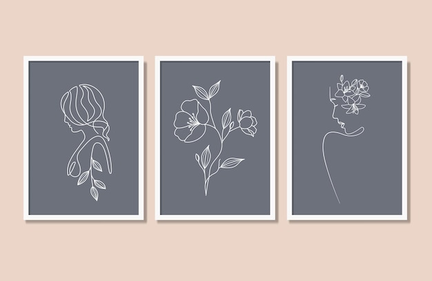 Abstrakte schönheit blumen frau und blume strichzeichnung wand kunst poster set illustration