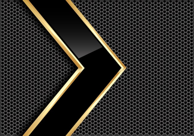 Abstrakte schwarze glatte Goldlinie Pfeil auf grauem Kreismaschenhintergrund.