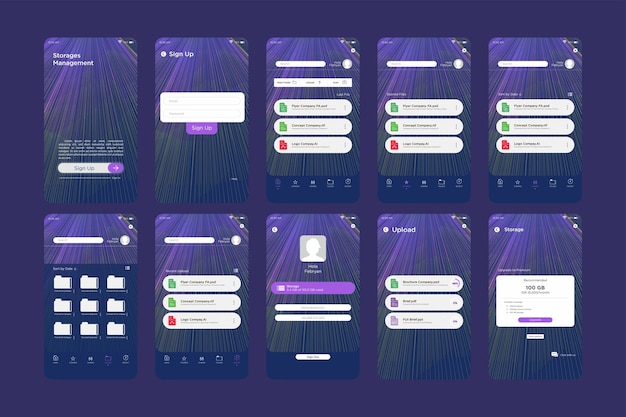Abstrakte Sonnenlicht-Sonnendurchbruch-Verlaufsfarben Speicherverwaltungs-App-UI-Kit-Vorlage