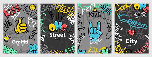 Abstrakte street-art-poster mit slogans im graffiti-stil. urban wall spray paint zeichnungen und spritzer. cooles cover-anarchie-design-vektor-set