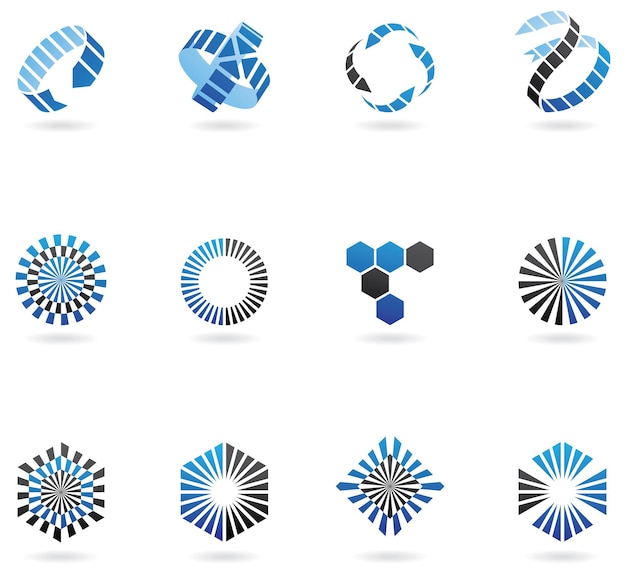 Vektor abstrakte symbole aus blauen und schwarzen pfeilen, sechsecken und kreisen isoliert auf weißem hintergrund