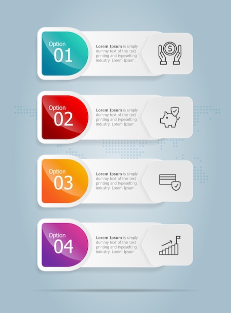 Abstrakte tab bar vertikale infografik präsentationselement vorlage mit business icon 4 option vector illustration background