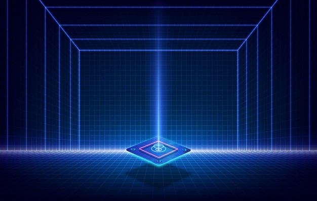 Abstrakte technologie-chip-prozessor-hintergrundplatine und html-code3d-darstellung blauer technologie-hintergrundvektor