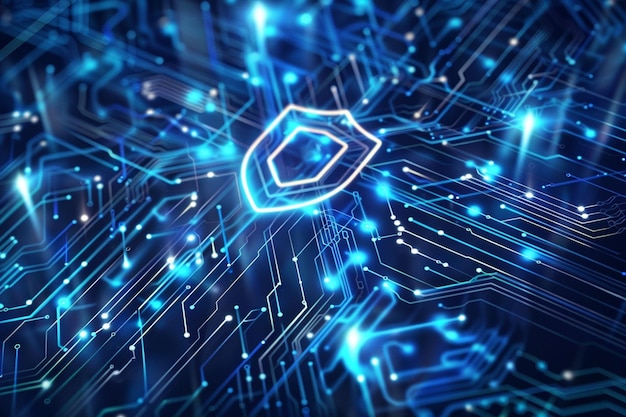 Abstrakte Technologie Leiterplattenhintergrund mit Schildsymbolen Datenschutzkonzept