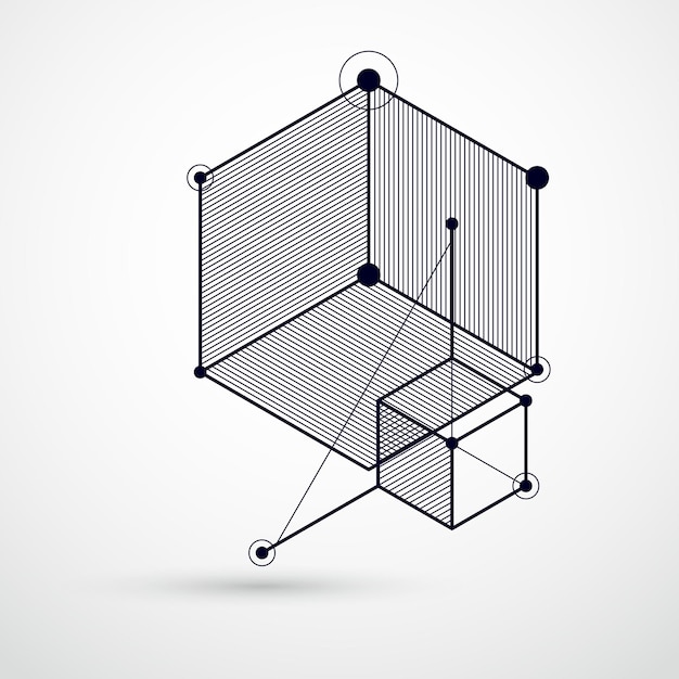 Abstrakte Vektorkomposition mit einfachen geometrischen Figuren, Symbolen, schwarzem und weißem Kunsthintergrund. Technischer Plan, abstrakter technischer Entwurf zur Verwendung im Grafik- und Webdesign.