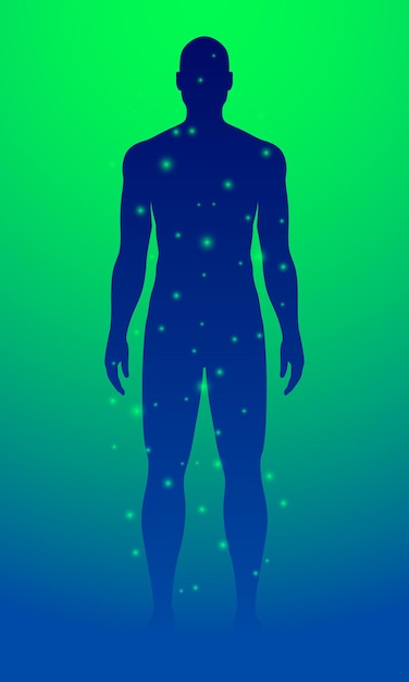 Abstrakte vektorszene eines nackten mannes und fliegender lichtpunkte auf einem blauen und grünen hintergrund mit farbverlauf