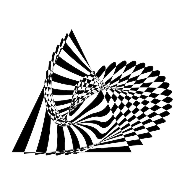 Abstrakte verdrehte schwarz-weiß-figur optische täuschung einer verzerrten oberfläche verdrehte streifen stilisierte 3d-figur vektorillustration ideal für wandkunstplakat-bannerweb