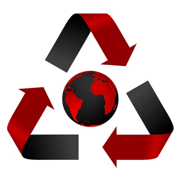 Vektor abstrakte verschmutzungsgefahr, rotes und schwarzes recycling-logo und globus-vektorhintergrund