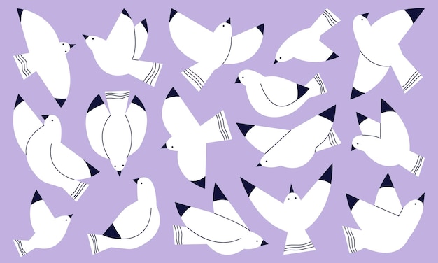 Abstrakte weiße vogelsilhouetten, fliegende taube oder möwen, geometrische taubenzeichnung, modische zeitgenössische herde von möwen, anständige dekorative vektor-handgemachte vorlage, illustration von vogeltieren, tauben