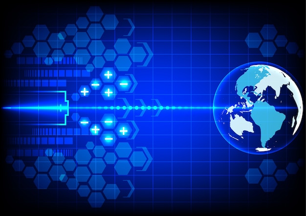 Abstrakte weltbatterietechnologie auf blauem farbhintergrund