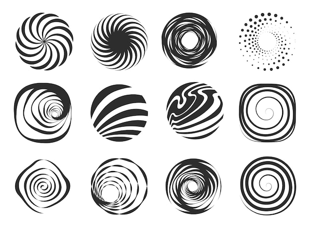 Abstrakte, wirbelnde geometrische figuren, moderne gewellte kreisspirale, abstrakte elemente, bewegung, schwarze randgestaltungselemente, illustration eines geometrischen, gewellten wirbelfigurenmusters