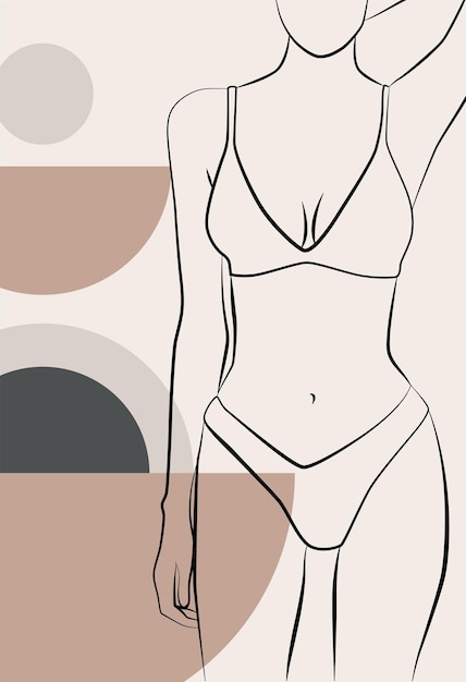 Abstrakte Zeichnung mit Silhouettenelementen eines weiblichen Gesichts aus einfachen geometrischen Formen in einer linearen Zeichnung