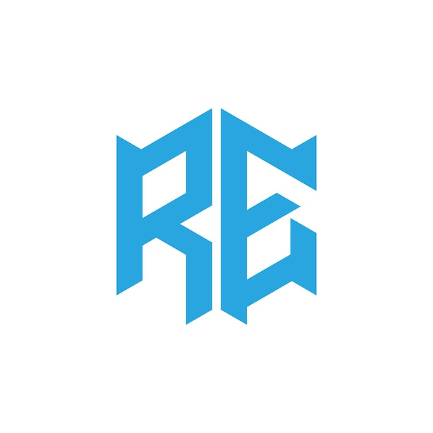Abstrakter anfangsbuchstabe re oder er-logo in blauer farbe isoliert auf weißem hintergrund