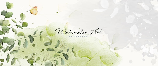 Vektor abstrakter aquarell-hintergrund mit botanischen und schmetterlingen auf aquarellflecken natur banner art hintergrunddesign geeignet für header-web oder wanddekoration