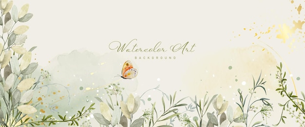 Vektor abstrakter aquarell-hintergrund mit botanischen und schmetterlingen auf aquarellflecken natur banner art hintergrunddesign geeignet für header-web oder wanddekoration