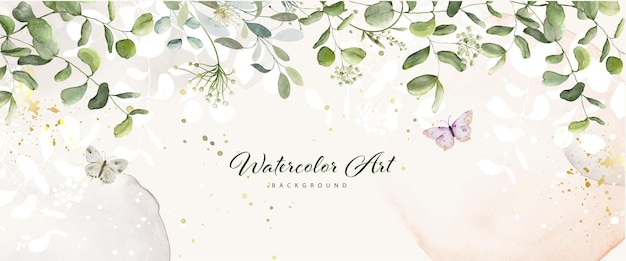 Vektor abstrakter aquarell-hintergrund mit botanischen und schmetterlingen auf aquarellflecken natur banner art hintergrunddesign geeignet für header-web oder wanddekoration