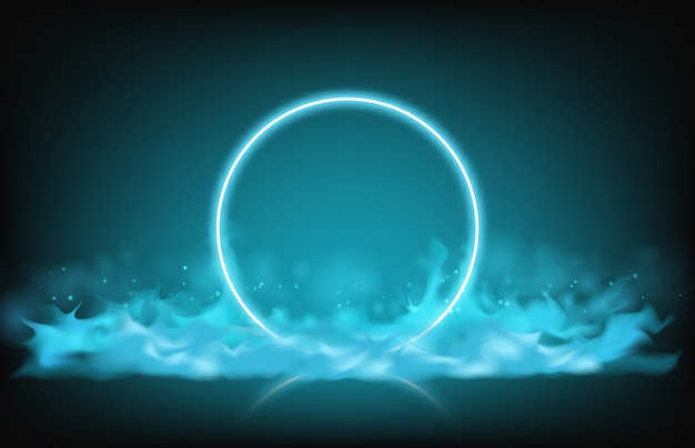 Abstrakter blauer Neonlichtkreisrahmen und Rauchhintergrund