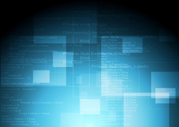 Abstrakter blauer Tech-Hintergrund mit Code und Quadraten. Vektordesign