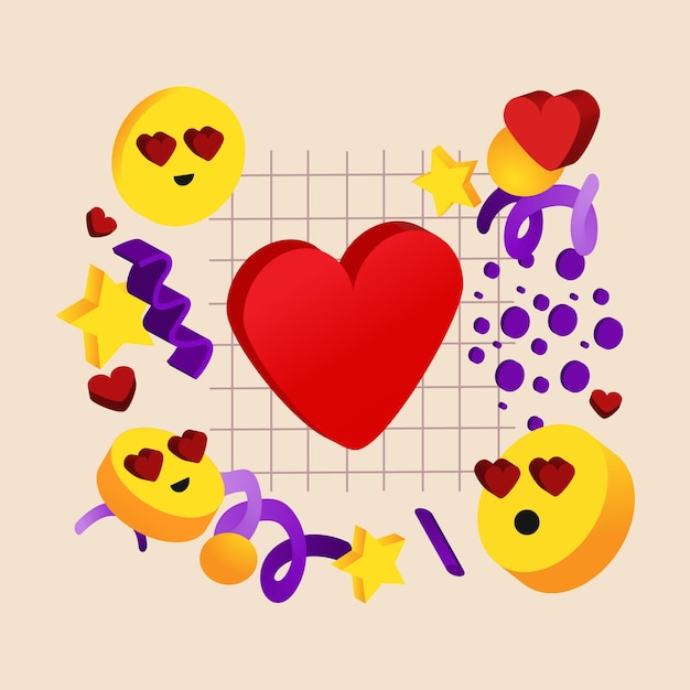 Vektor abstrakter bunter hintergrund mit geometrischen elementen zum thema liebe und mit emoticons