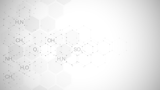 Abstrakter chemie-symbolhintergrund mit chemischen formeln und molekularen strukturen, konzept und idee für wissenschaft und innovationstechnologie.