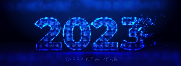 Abstrakter digitaler neonblauer 2023-text aus leuchtenden partikeln. punkte und punkte, die die zahl des neuen jahres bilden. breite weihnachts-website-banner. neujahrskarte der digitalen technologie. einfach zu bearbeitendes vektorbanner