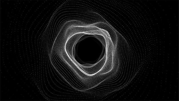 Abstrakter dynamischer Drahtgittertunnel auf dunklem Hintergrund Tiefes Wellenwurmloch Futuristischer Partikelfluss Vektorillustration